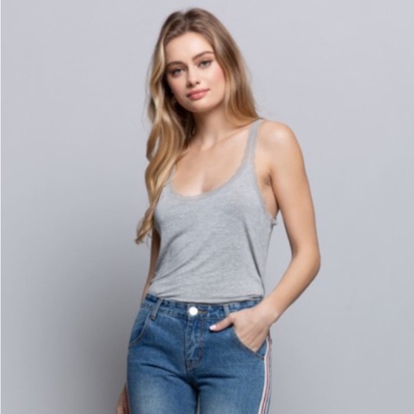POL Deep Scoop Lace Trim Rayon Long Line Tank Top in dove gray - Picture 3 of 5
